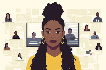 African woman with cornrows leading a virtual team meeting on a screen with diverse coworkers, clean office environment vector illustration