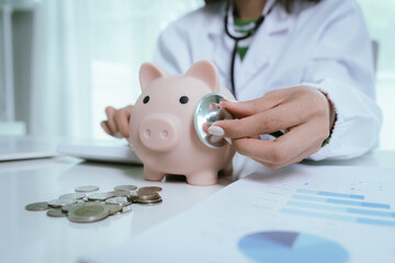 A doctor is performing a financial health check, using a stethoscope and a piggy bank to represent...