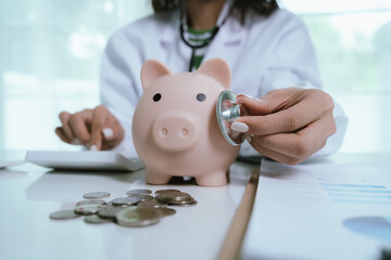 A doctor is performing a financial health check, using a stethoscope and a piggy bank to represent...