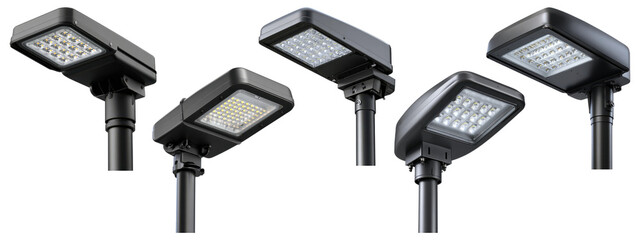 Set of five modern black LED streetlights or floodlights