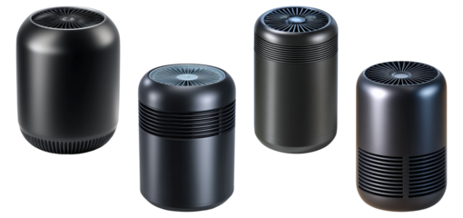 Set of four black cylindrical air purifiers or humidifiers