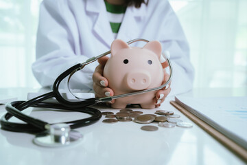A doctor is performing a financial health check, using a stethoscope and a piggy bank to represent...
