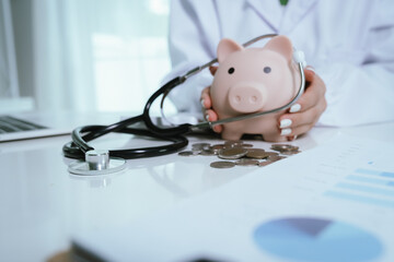 A doctor is performing a financial health check, using a stethoscope and a piggy bank to represent...