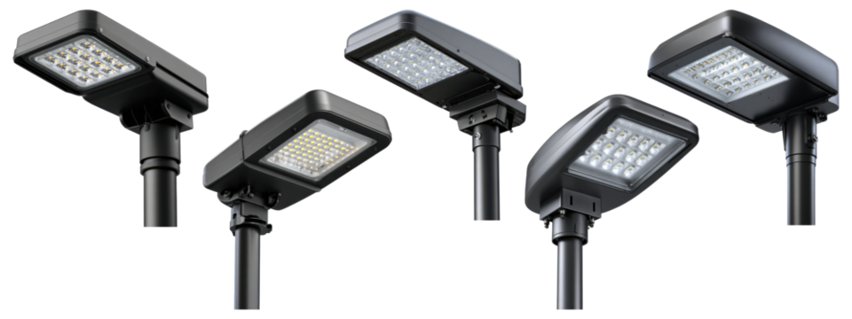 Set of five modern black LED streetlights or floodlights