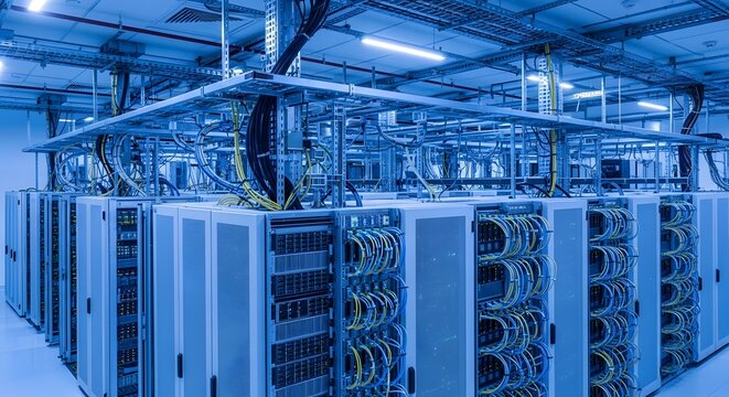 Intricate Network Infrastructure A Glimpse into a Modern Data Center, showcasing rows of powerful servers connected by a complex web of cables and sophisticated hardware.