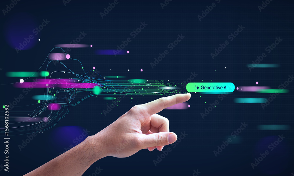 Poster a hand showing tech with cyber security, digital transformation, finance, document file management, 