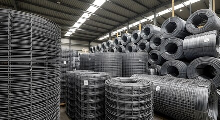 Obraz premium Industrial Wire Mesh and Steel Rolls Stockpiled in a Spacious Warehouse, Ready for Distribution and Construction Projects