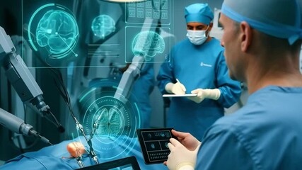 Surgeon performs robotic operation guided by real-time HUD data and anatomical overlays in high-tech operating room - Powered by Adobe