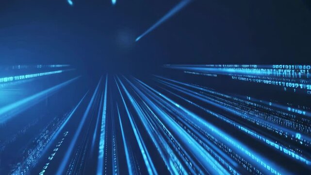 Exploring a digital landscape filled with binary code and neon blue lights during a futuristic journey
