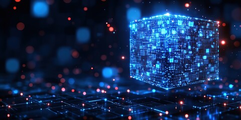 Glowing Blue Data Cube Network Floating in Space, AI Tech Holographic Connection Abstract Background