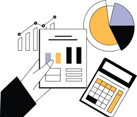 Financial Analysis & Accounting Illustration: Hand with Report, Calculator, Charts, and Graphs. Ideal for Business, Investment, Tax Planning, Data, Budgeting, and Economic Growth Concepts.