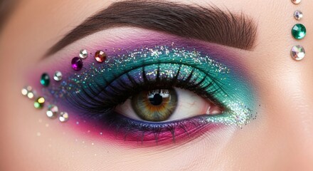 Colorful Eye Makeup with Glitter and Gems, Creative Eye Makeup with Glitter and Gems for Editorial Use