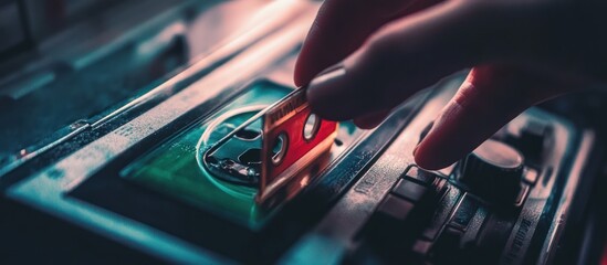 Nostalgic insertion of a cassette tape into a retro audio player device