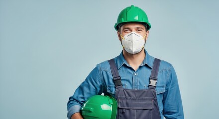 Young caucasian male construction worker wearing safety gear and holding hard hat