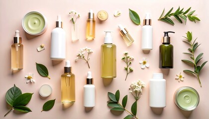 Skincare products arranged on a pastel background with botanical elements