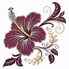 Vintage hibiscus flower illustration in elegant Art Nouveau style with border © Printora Lab