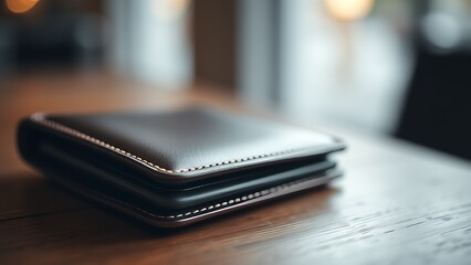 A sleek wallet lies on a wooden surface, highlighted by warm ambient lighting in a minimalist setting.