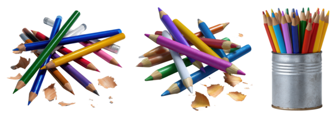 PNG Set of three compositions with colorful sharpened pencils and shavings, including a metal holder