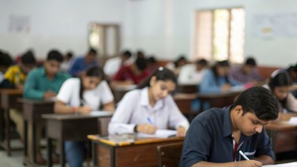 Blurred academic setting with Indian students preparing for competitive examination