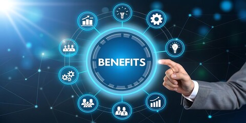 Business benefits and growth opportunities illustrated with icons and a touching finger