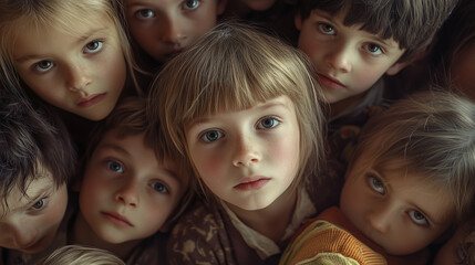 A group of children gathers closely, their faces reflecting curiosity, innocence, and a touch of solemnity in a heartwarming gathering.