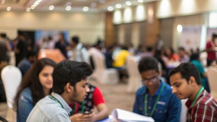 Defocused student conference scene with Indian youth networking and sharing ideas
