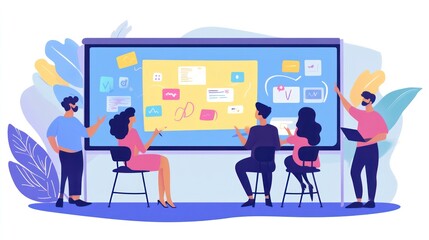 Illustration of people collaborating on a digital whiteboard in a modern office space