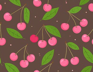 Pink cherries with leaves on a dark background