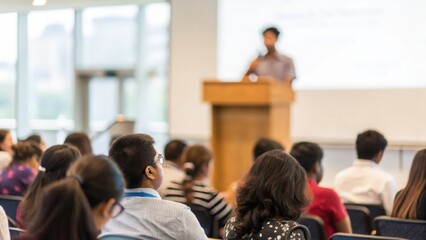 Obraz premium Soft focus seminar venue with Indian student speaker and attentive audience 