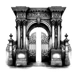 Fototapeta premium Classic archway in detailed sketch style in black and white depicting an entrance