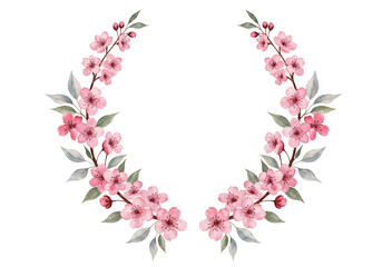Fototapeta premium Watercolor cherry blossom wreath frame. Elegant spring floral decoration for invitations and branding