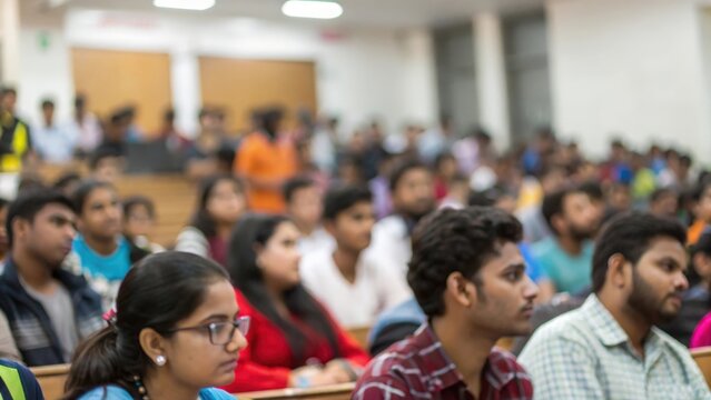 Defocused view of Indian students gathered for academic orientation session
