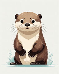 Cute otter standing on its hind legs amidst soft greenery, exuding charm and playfulness in a whimsical illustration