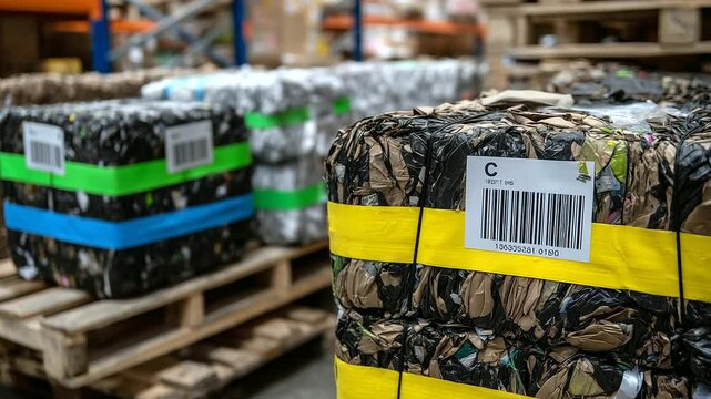 Detailed shot of barcode labels and colored straps securing large recycled paper bales in eco-friendly processing center, emphasizing traceability and modern waste management techn
