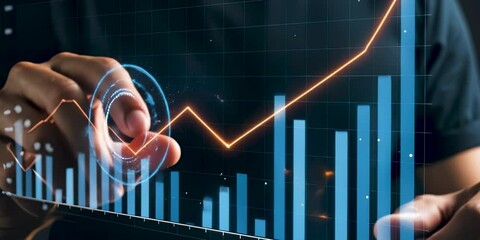 Businessperson interacts with holographic bar and line graph showing percentages. Concept of discounts, tax, inflation, interest rate changes, and investment returns in a digital economy. - Powered by Adobe