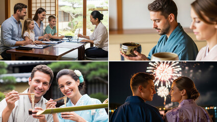 日本旅行・インバウンドの体験ツアー：書道・茶道・流しそうめん・花火大会のイメージ