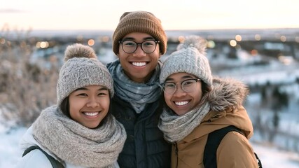Family portrait in cozy scarves and hats, standing on snowy hilltop with sun shining behind, bright smiles and flushed cheeks from cold, capturing love and happiness shared in wint