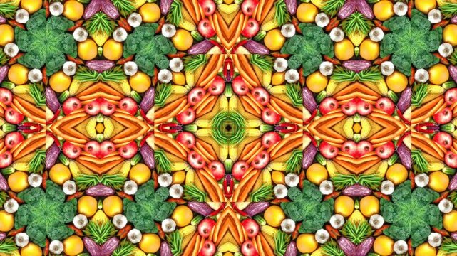 In twelve words or less without commas the kaleidoscopic image shows a vibrant symmetrical pattern of fruits and vegetables.animated footage background