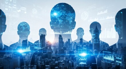 global business network and data analysis concept with interconnected people in a futuristic city