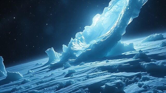 Colossal comet erupting crystalline geysers refracting starlight into prismatic beams.