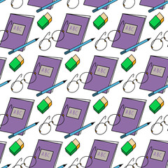 Seamless pattern with different stationery, pencil, brush, books, pen, eraser, magnifying glass. Hand drawn black objects on green background. Education Back to School. For wrapping, fabric, wallpaper