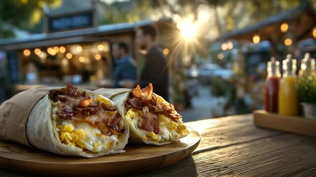 Food truck vibe setup with breakfast burritos served in paper wrap on wooden board, sunlight glinting off bacon and eggs, condiments in squeeze bottles and chalkboard menu blurred