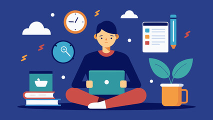 Young man studying online with laptop, surrounded by books, icons, and digital elements on dark blue background