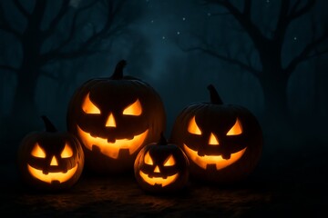 Glowing Jack o Lanterns in Spooky Night Halloween Background