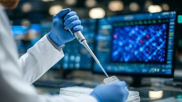 Gloved scientist conducts precise cell division experiment in medical laboratory, bright pipette and clear culture trays on reflective surface, DNA modeling software on monitor beh