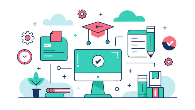 E-learning concept with computer, books, graduation cap, and digital tools connected in a modern flat style