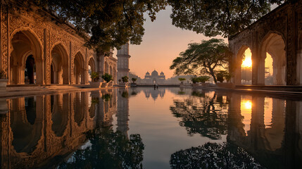 Sunrise over the serene beauty of the Hussainabad Imambara in Lucknow, India. A breathtaking view framed by elegant arches, capturing the tranquil reflection of the architecture in the still waters.