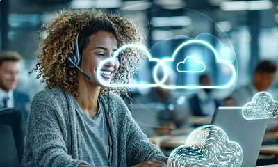 A smiling woman with headset works on a laptop. Cloud graphics overlay her. Other people are blurred in background - Powered by Adobe