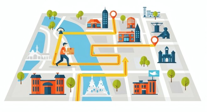 Delivery man walks on a map illustration. Route logistics concept. Online order shipment tracking for urban transport.
