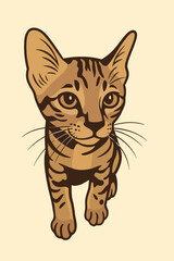 This is a stylized vector illustration of a young tabby cat. The kitten has large, expressive eyes, prominent ears, and distinct tabby markings in shades of brown and beige. Its body is slightly forwa